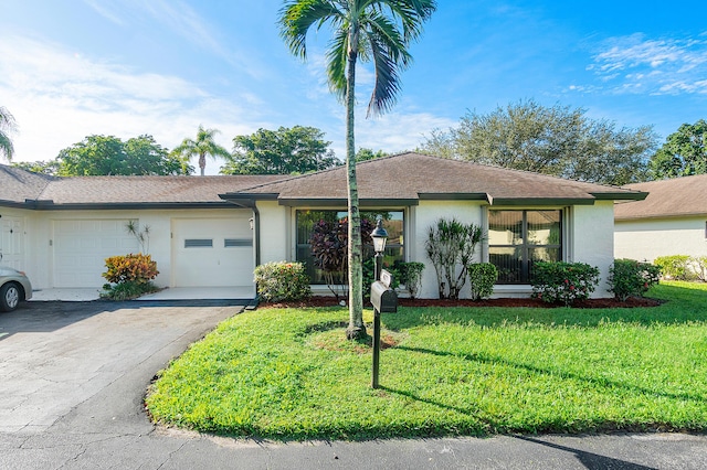 ranch-style home with a front yard and a garage