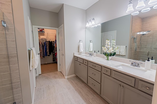 bathroom with vanity and a shower with shower door