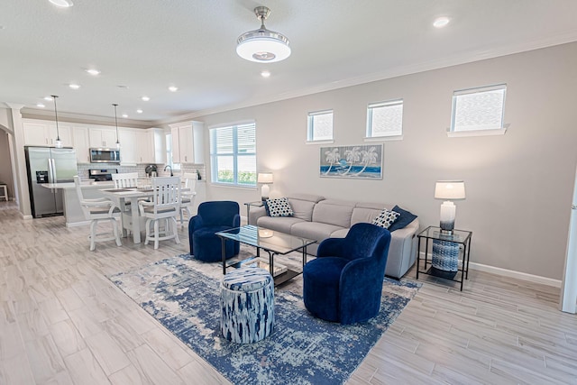 living room with crown molding and light hardwood / wood-style flooring