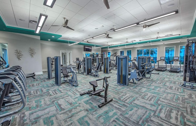 exercise room with ceiling fan and carpet flooring