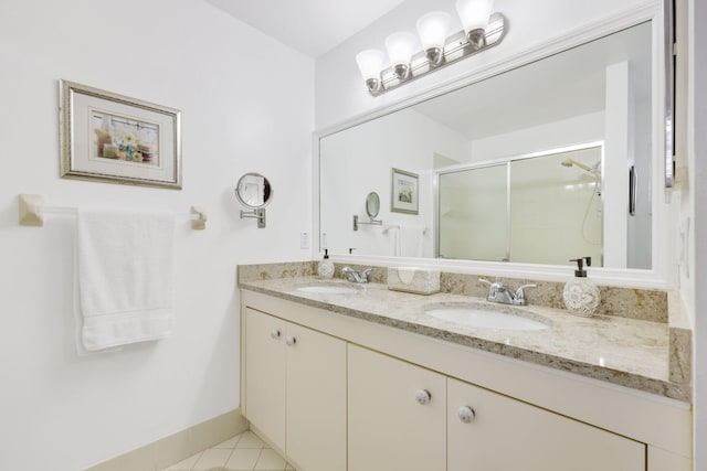 bathroom featuring tile patterned flooring, vanity, and walk in shower