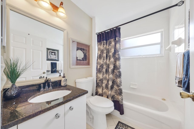 full bathroom with toilet, vanity, tile patterned floors, and shower / bathtub combination with curtain