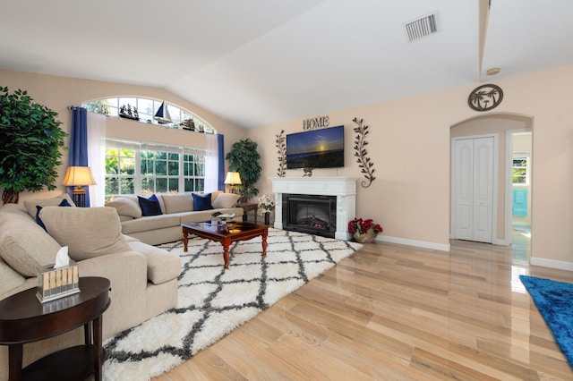 living room featuring wood-type flooring and lofted ceiling