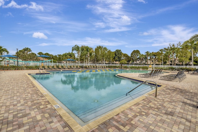 view of swimming pool featuring a patio area