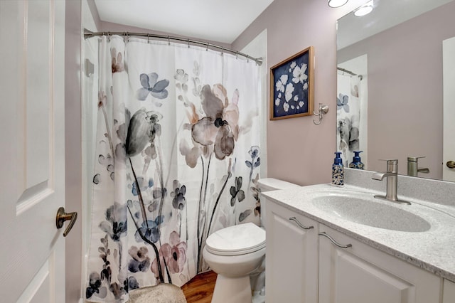 bathroom featuring hardwood / wood-style floors, vanity, toilet, and curtained shower