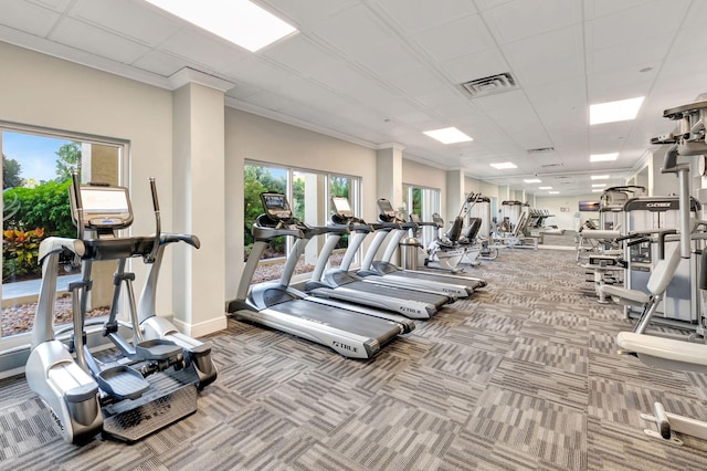 exercise room featuring ornamental molding and light carpet