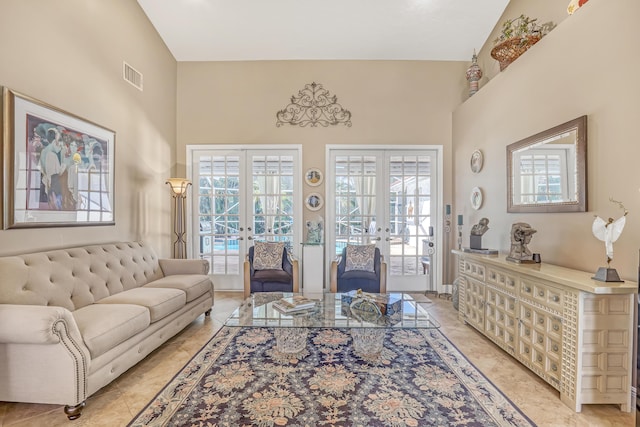 15591 Milan Ct, Wellington, FL 33414 - living area featuring visible vents, french doors, and a towering ceiling