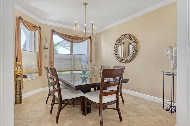 tiled dining room with ornamental molding and a chandelier