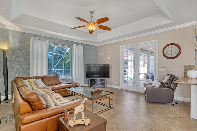 15591 Milan Ct, Wellington, FL 33414 - living room featuring baseboards, a raised ceiling, french doors, and ceiling fan