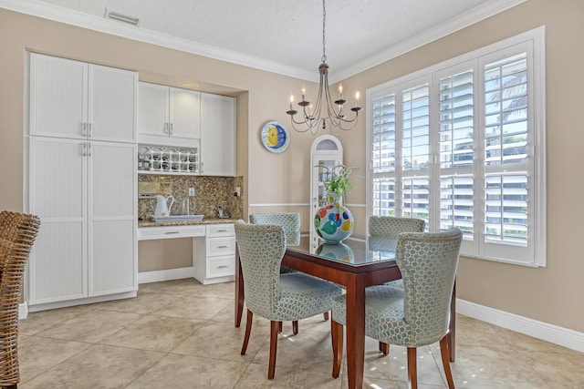 dining space with an inviting chandelier, a wealth of natural light, and light tile patterned flooring