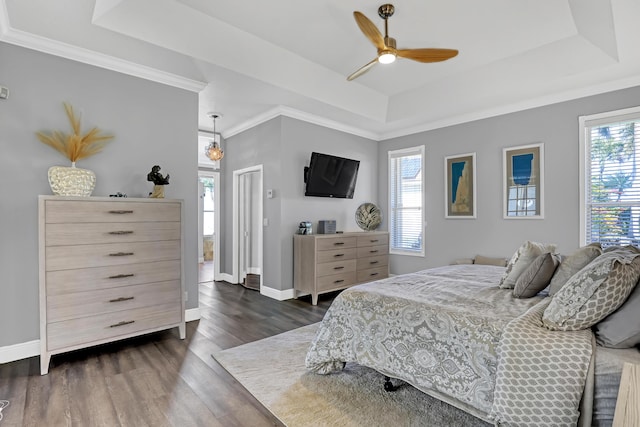 bedroom featuring a raised ceiling, multiple windows, and ceiling fan