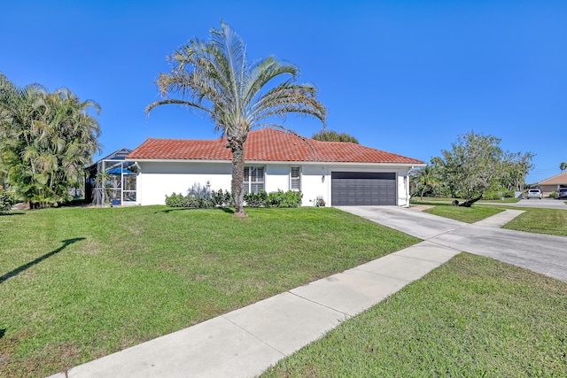 15591 Milan Ct, Wellington, FL 33414 - mediterranean / spanish-style home featuring concrete driveway, a garage, stucco siding, a front lawn, and a tiled roof