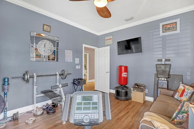 living room with light wood-type flooring, ceiling fan, and ornamental molding