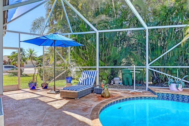 view of swimming pool featuring a lanai and a patio area