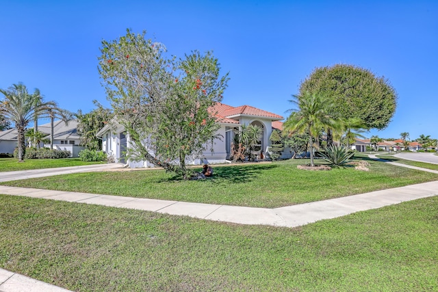 15591 Milan Ct, Wellington, FL 33414 - view of property hidden behind natural elements featuring concrete driveway, a tiled roof, stucco siding, and a front yard