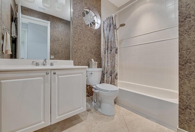 full bathroom with tile patterned floors, shower / bath combo, toilet, and vanity