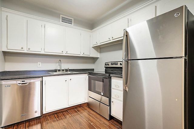 kitchen featuring sink, white cabinets, dark hardwood / wood-style floors, and appliances with stainless steel finishes