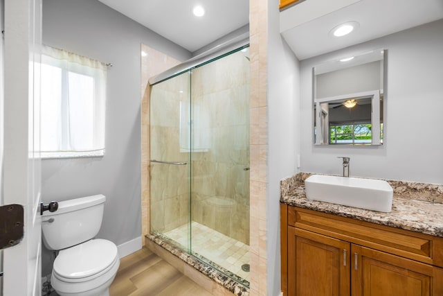 bathroom with hardwood / wood-style floors, vanity, toilet, and walk in shower