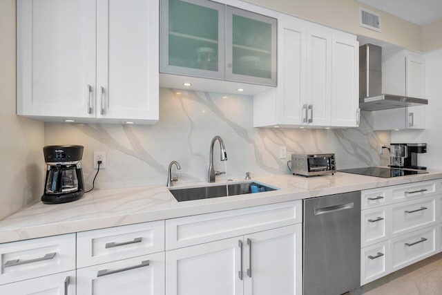 kitchen with sink, wall chimney exhaust hood, stainless steel dishwasher, decorative backsplash, and white cabinets