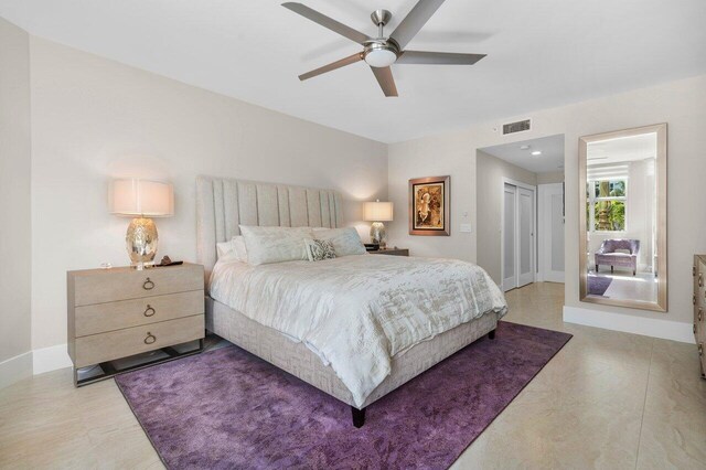 bedroom with ceiling fan and a closet