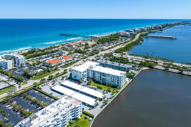 drone / aerial view featuring a water view