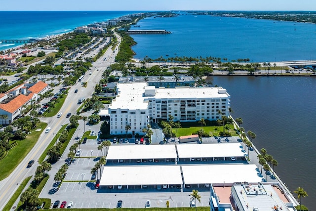 drone / aerial view with a water view