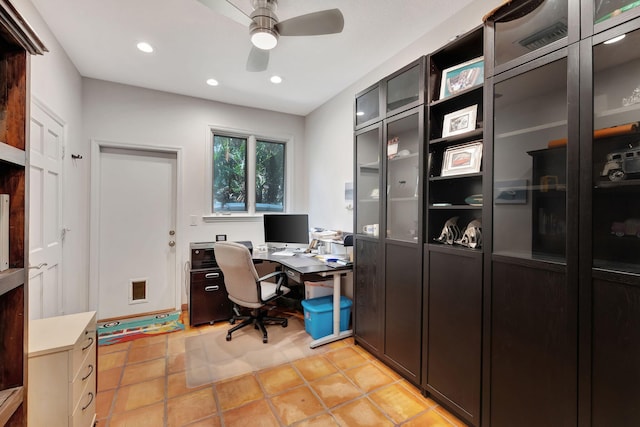 tiled office with ceiling fan