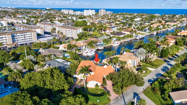 bird's eye view with a water view