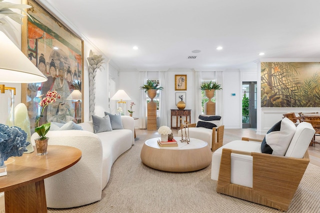 living room with crown molding