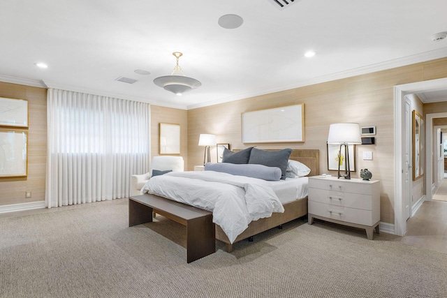 bedroom with light carpet and ornamental molding