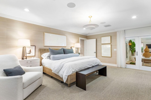 bedroom with french doors and crown molding