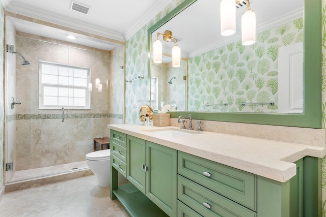 bathroom featuring vanity, toilet, an enclosed shower, and ornamental molding