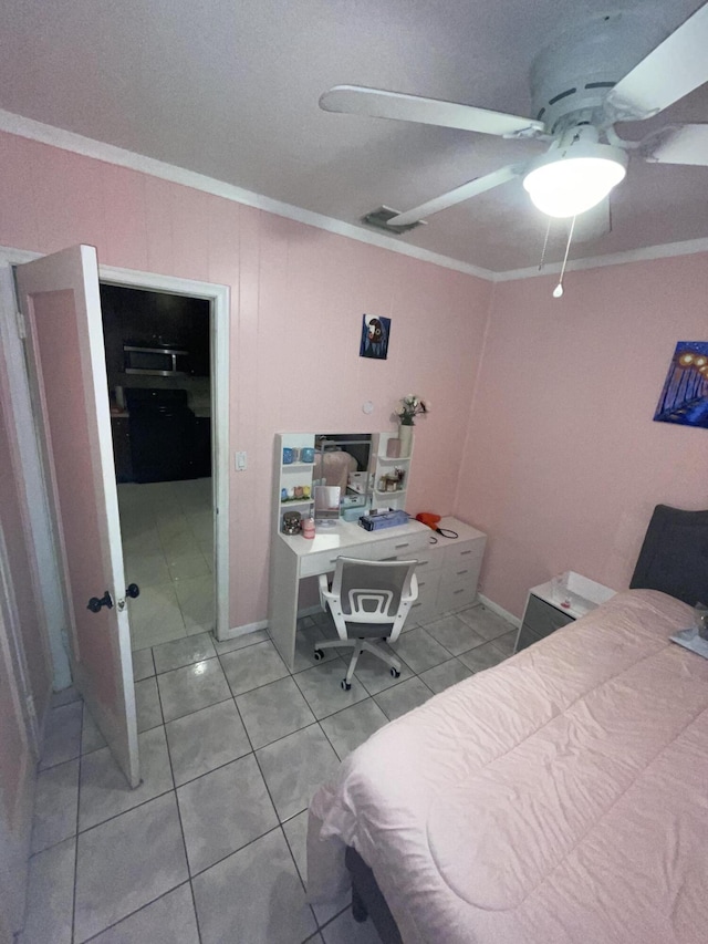 tiled bedroom featuring crown molding and ceiling fan