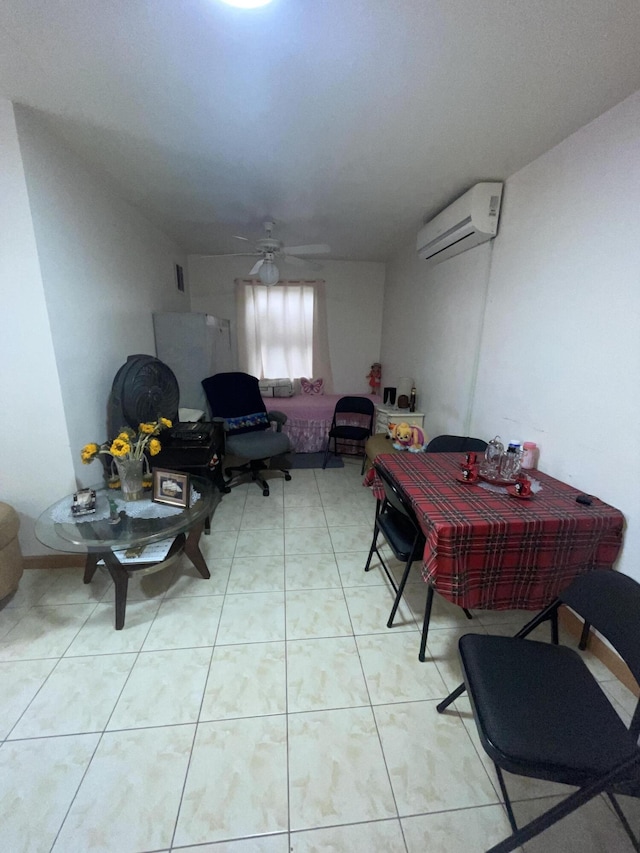 dining space with ceiling fan, a wall mounted AC, and light tile patterned floors