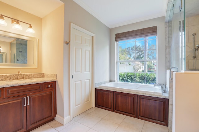 bathroom with plus walk in shower, tile patterned flooring, crown molding, and vanity