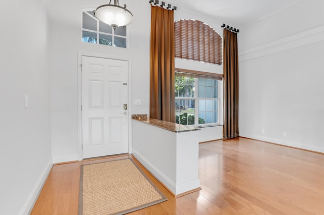 entrance foyer with light wood-type flooring and ornamental molding