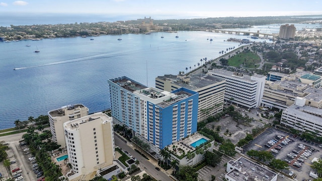 drone / aerial view with a water view