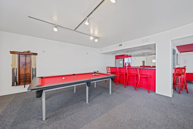 game room with carpet, track lighting, and billiards