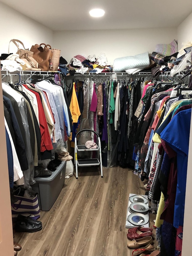 walk in closet with wood-type flooring