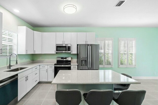 kitchen featuring white cabinets, a wealth of natural light, a center island, and appliances with stainless steel finishes