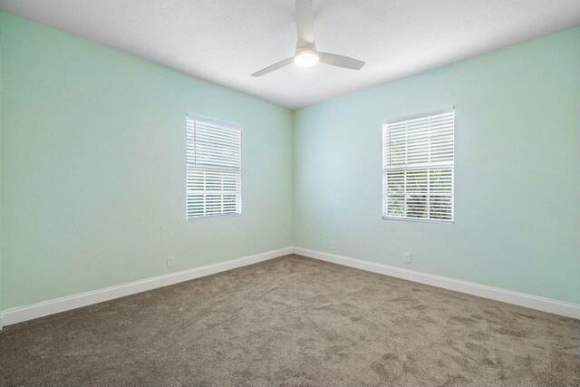 carpeted empty room with a wealth of natural light and ceiling fan