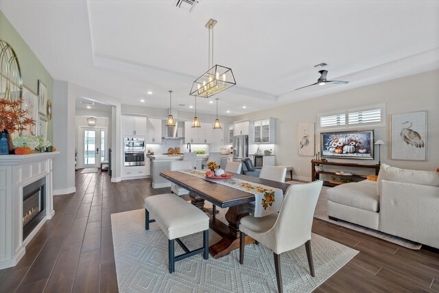 dining area featuring a tray ceiling, a wealth of natural light, and ceiling fan