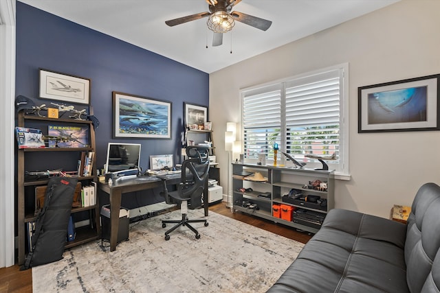 office area featuring hardwood / wood-style floors and ceiling fan