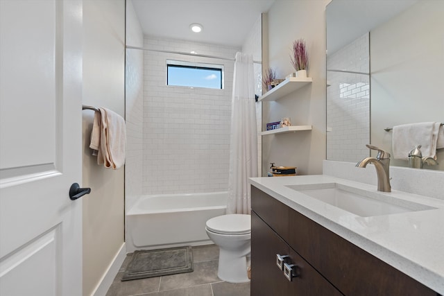 full bathroom with tile patterned floors, shower / bath combination with curtain, toilet, and vanity