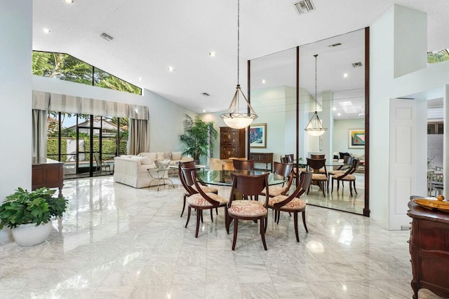 dining area featuring high vaulted ceiling