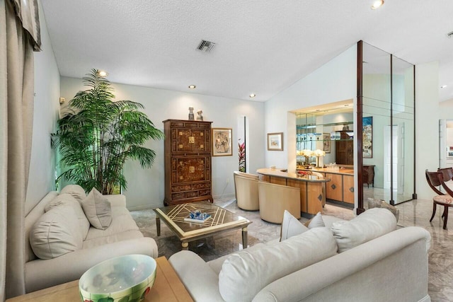 living room with high vaulted ceiling and a textured ceiling