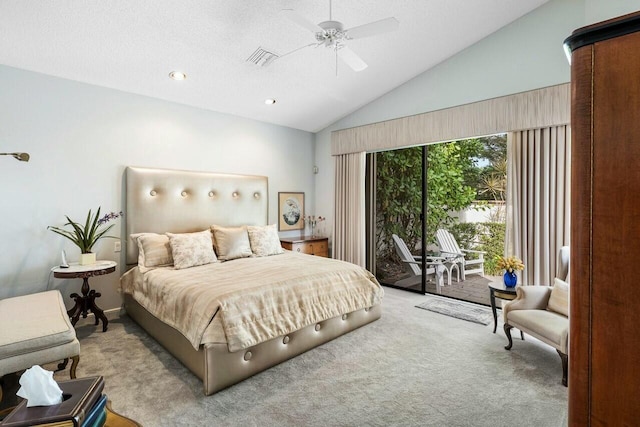 carpeted bedroom with a textured ceiling, access to outside, vaulted ceiling, and ceiling fan