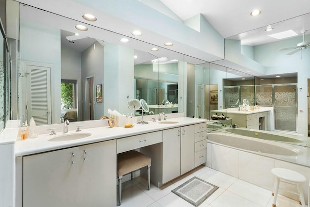 bathroom with vanity, high vaulted ceiling, tile patterned floors, and ceiling fan