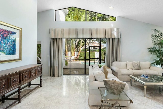 living room with a textured ceiling and high vaulted ceiling