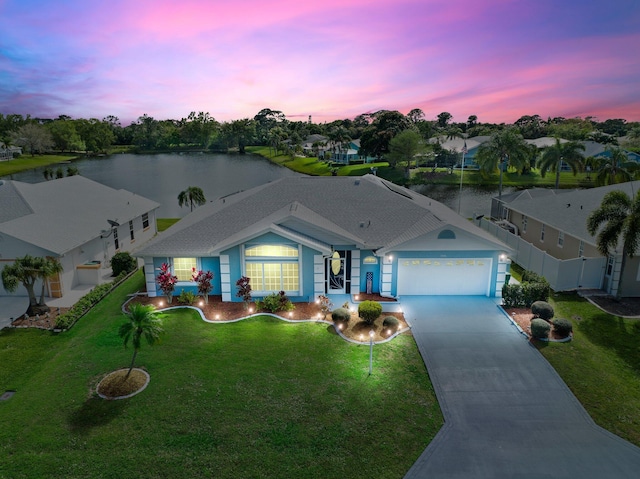 ranch-style home featuring a water view, a garage, and a lawn